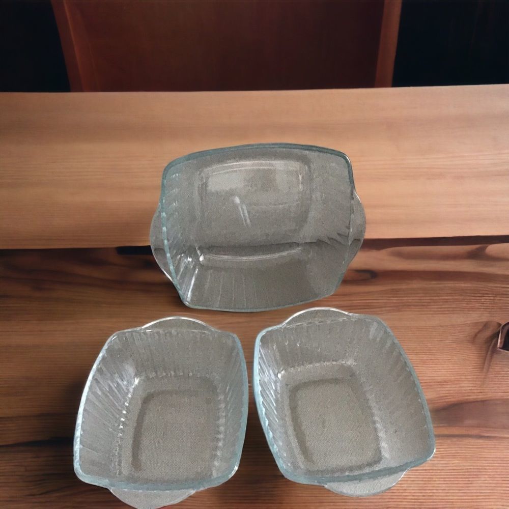 PASABAHCE BORCAM Cookware/Service Dishes 3 Piece Set Clear Ribbed With Handles